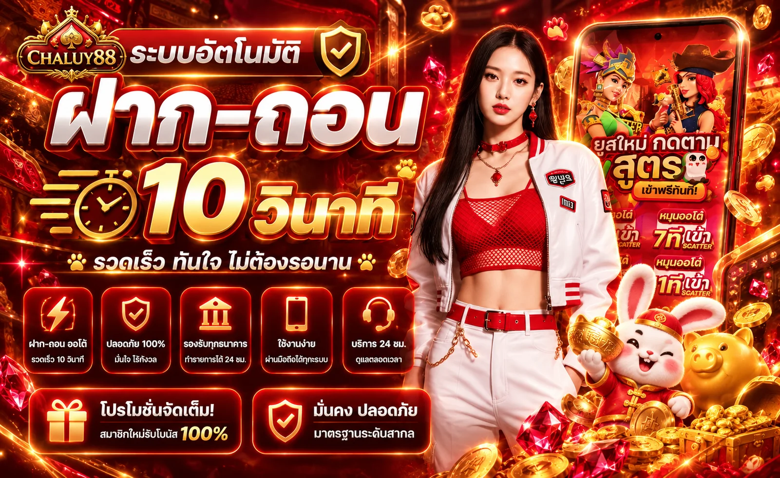 แบนเนอร์ CHALUY88 ฝากถอนออโต้ พร้อมตัวละครเกมโทนแดงทอง