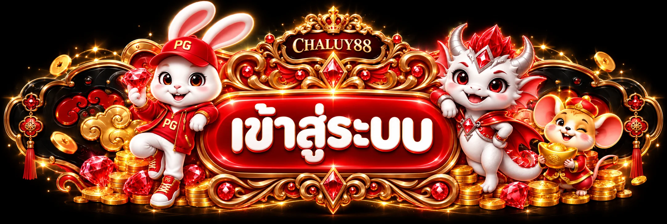 ป้ายเข้าสู่ระบบ CHALUY88 พร้อมมาสคอต PG โทนแดงดำทอง
